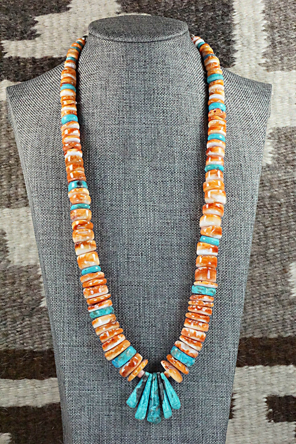 Turquoise, Spiny Oyster and Sterling Silver Necklace - Lupe Lovato