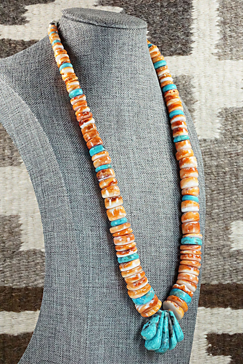 Turquoise, Spiny Oyster and Sterling Silver Necklace - Lupe Lovato