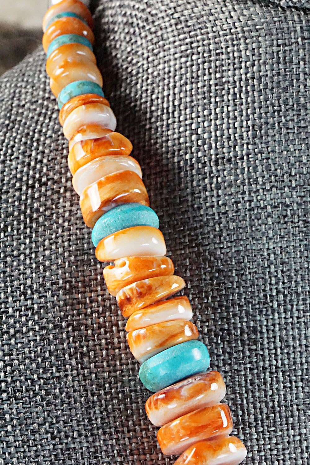 Turquoise, Spiny Oyster and Sterling Silver Necklace - Lupe Lovato