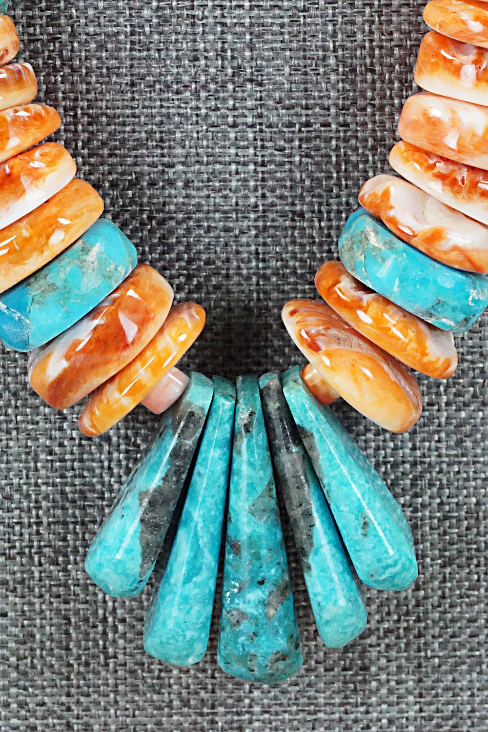 Turquoise, Spiny Oyster and Sterling Silver Necklace - Lupe Lovato