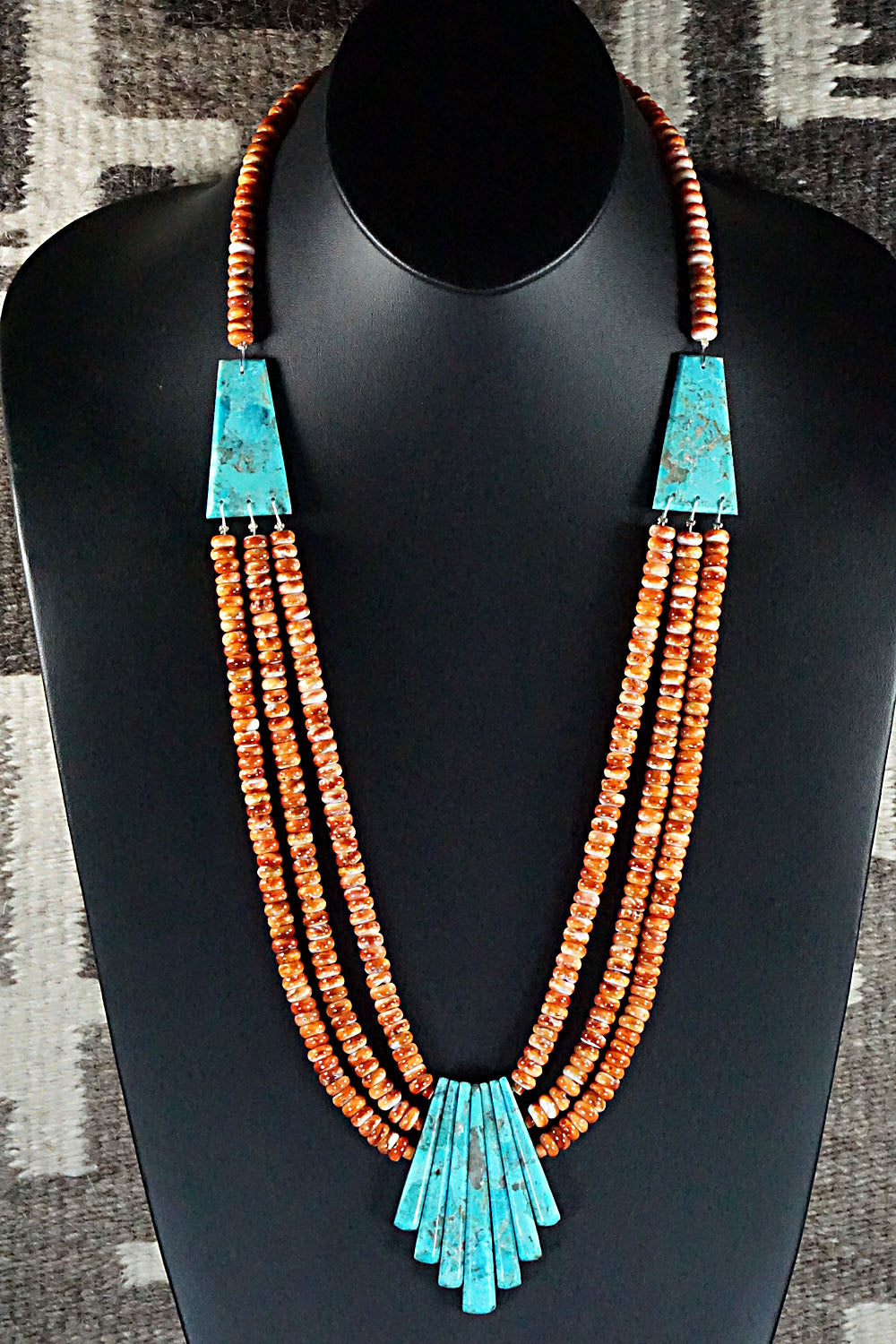 Turquoise, Spiny Oyster and Sterling Silver Necklace - Lupe Lovato