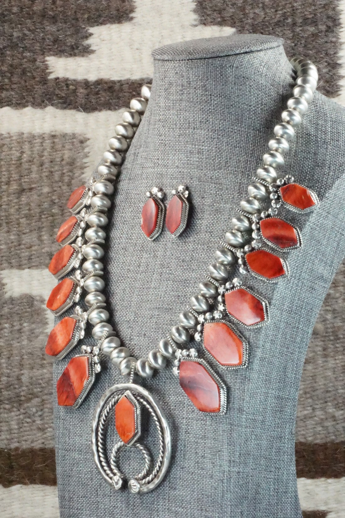 Spiny Oyster & Sterling Silver Squash Blossom Necklace and Earrings - Selina Warner