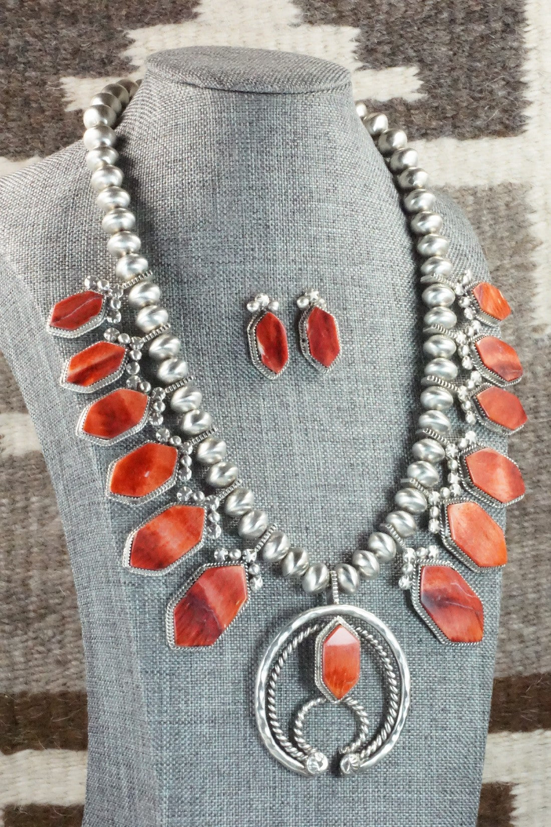 Spiny Oyster & Sterling Silver Squash Blossom Necklace and Earrings - Selina Warner
