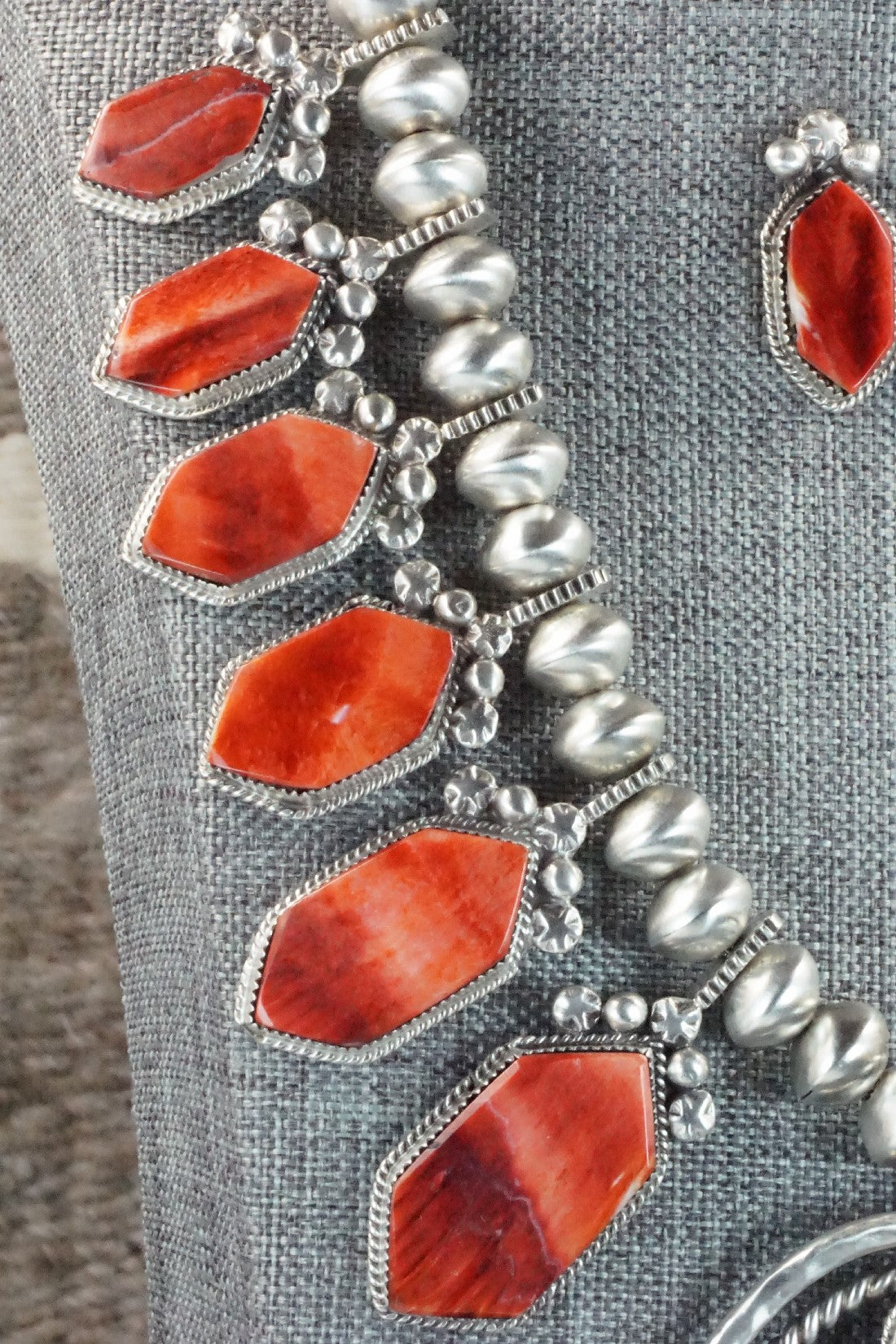 Spiny Oyster & Sterling Silver Squash Blossom Necklace and Earrings - Selina Warner