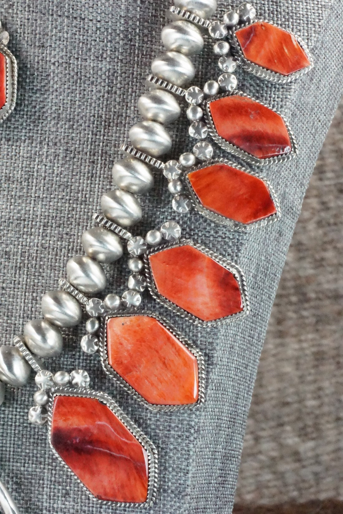 Spiny Oyster & Sterling Silver Squash Blossom Necklace and Earrings - Selina Warner