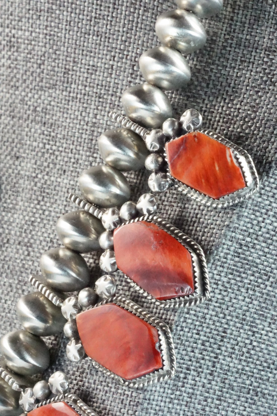 Spiny Oyster & Sterling Silver Squash Blossom Necklace and Earrings - Selina Warner