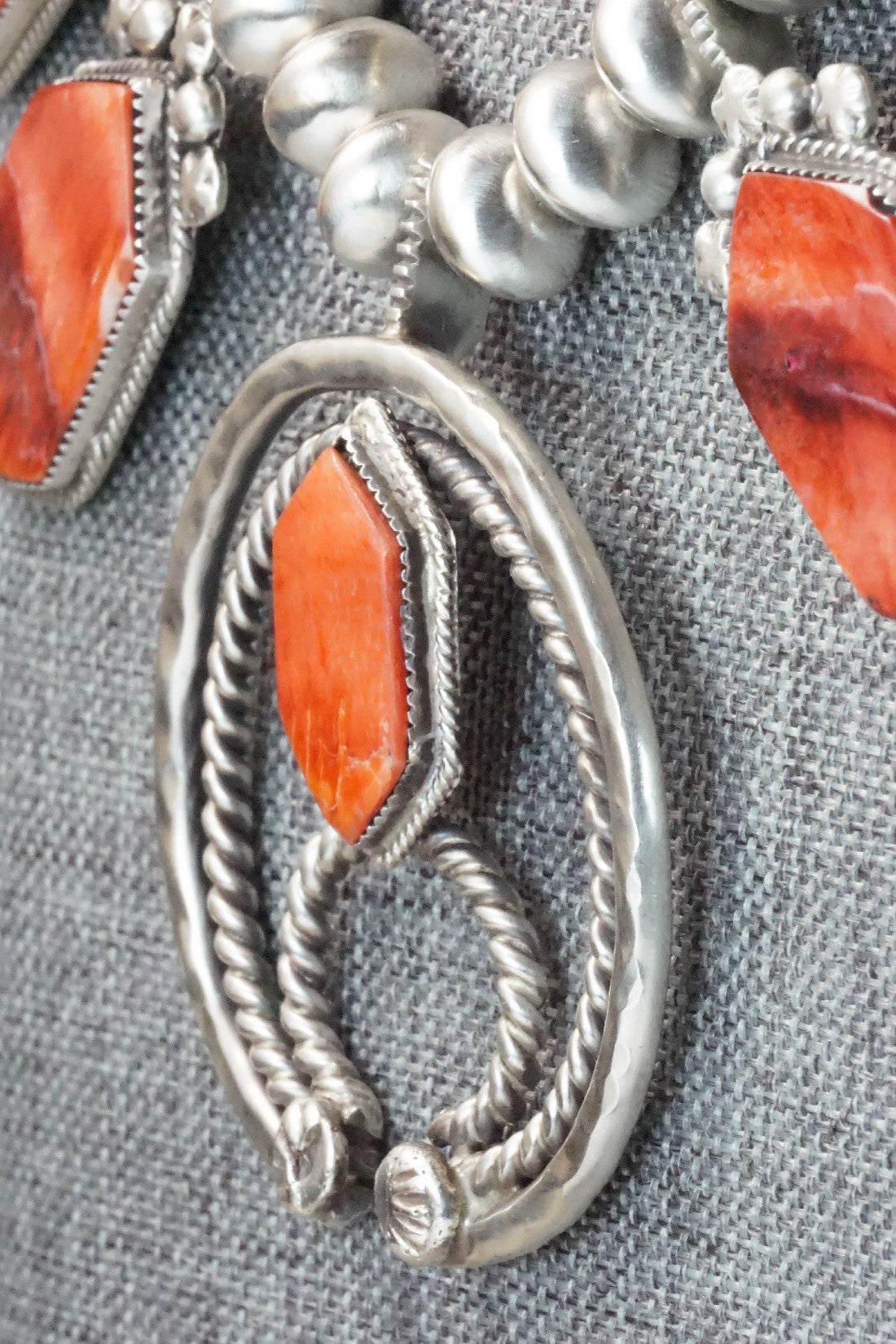 Spiny Oyster & Sterling Silver Squash Blossom Necklace and Earrings - Selina Warner
