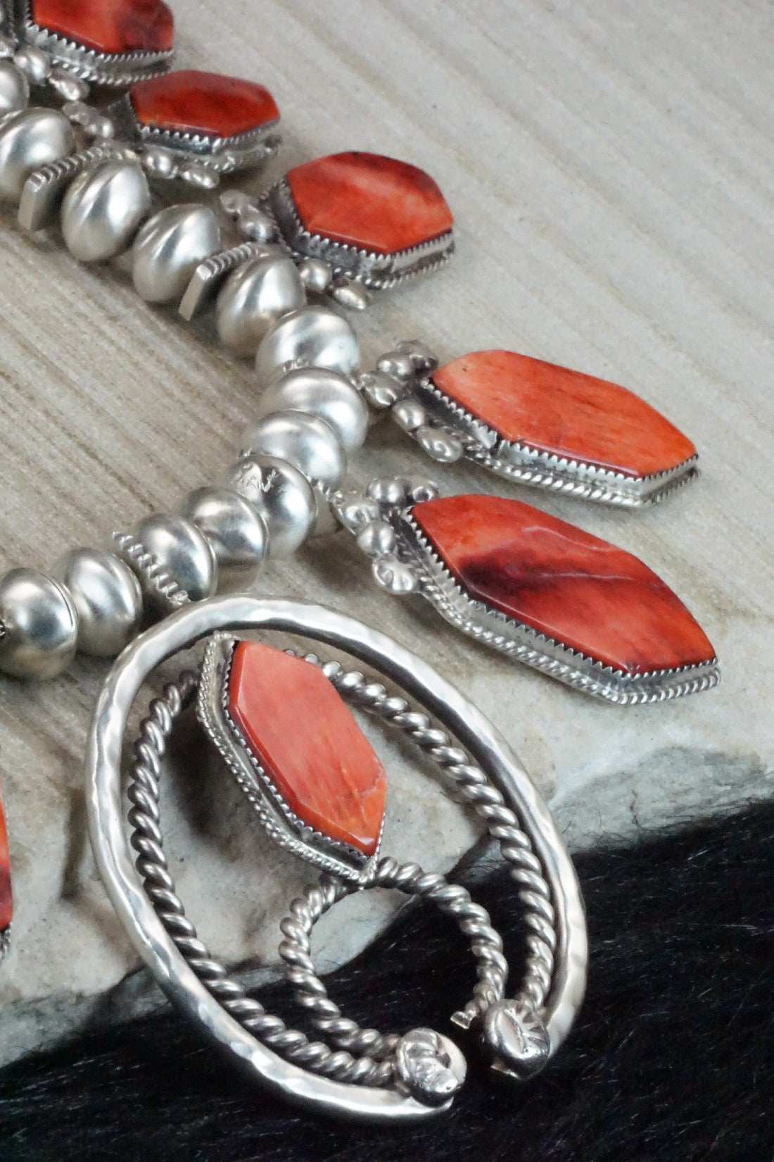 Spiny Oyster & Sterling Silver Squash Blossom Necklace and Earrings - Selina Warner
