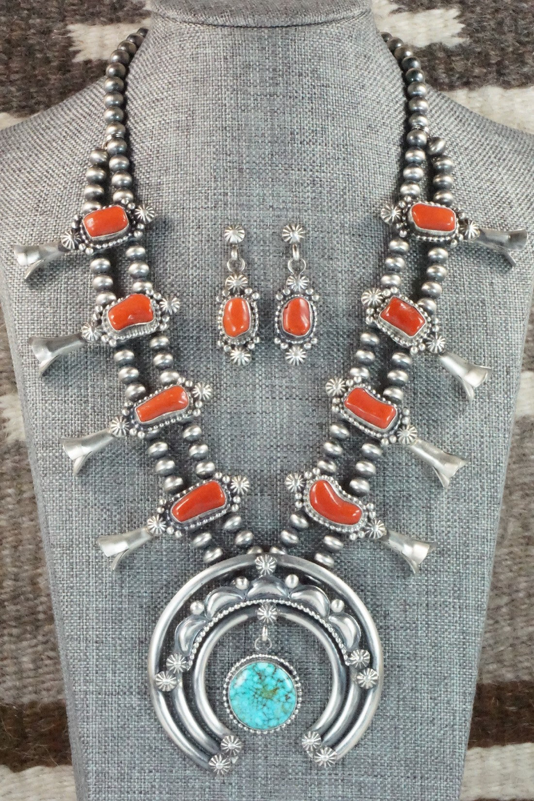 Turquoise, Coral & Sterling Silver Squash Blossom Necklace and Earrings - Tom Lewis