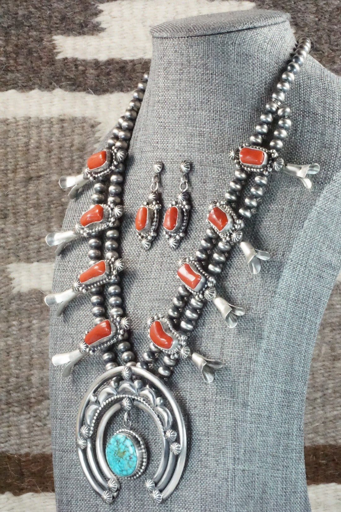 Turquoise, Coral & Sterling Silver Squash Blossom Necklace and Earrings - Tom Lewis