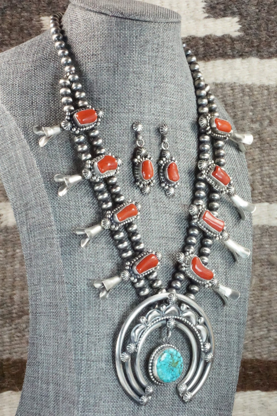 Turquoise, Coral & Sterling Silver Squash Blossom Necklace and Earrings - Tom Lewis