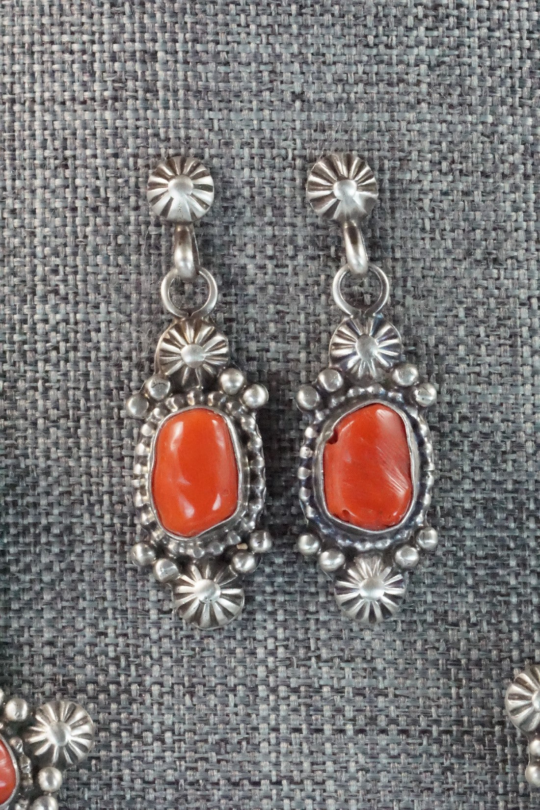 Turquoise, Coral & Sterling Silver Squash Blossom Necklace and Earrings - Tom Lewis