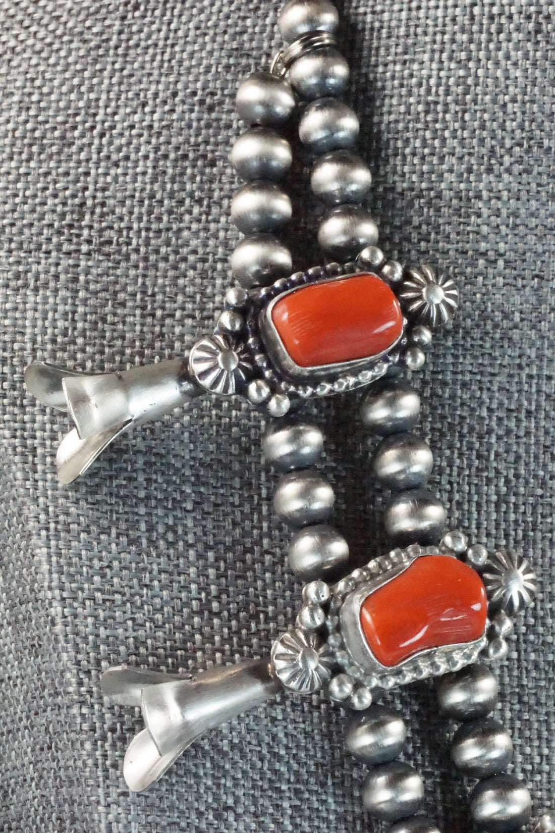 Turquoise, Coral & Sterling Silver Squash Blossom Necklace and Earrings - Tom Lewis