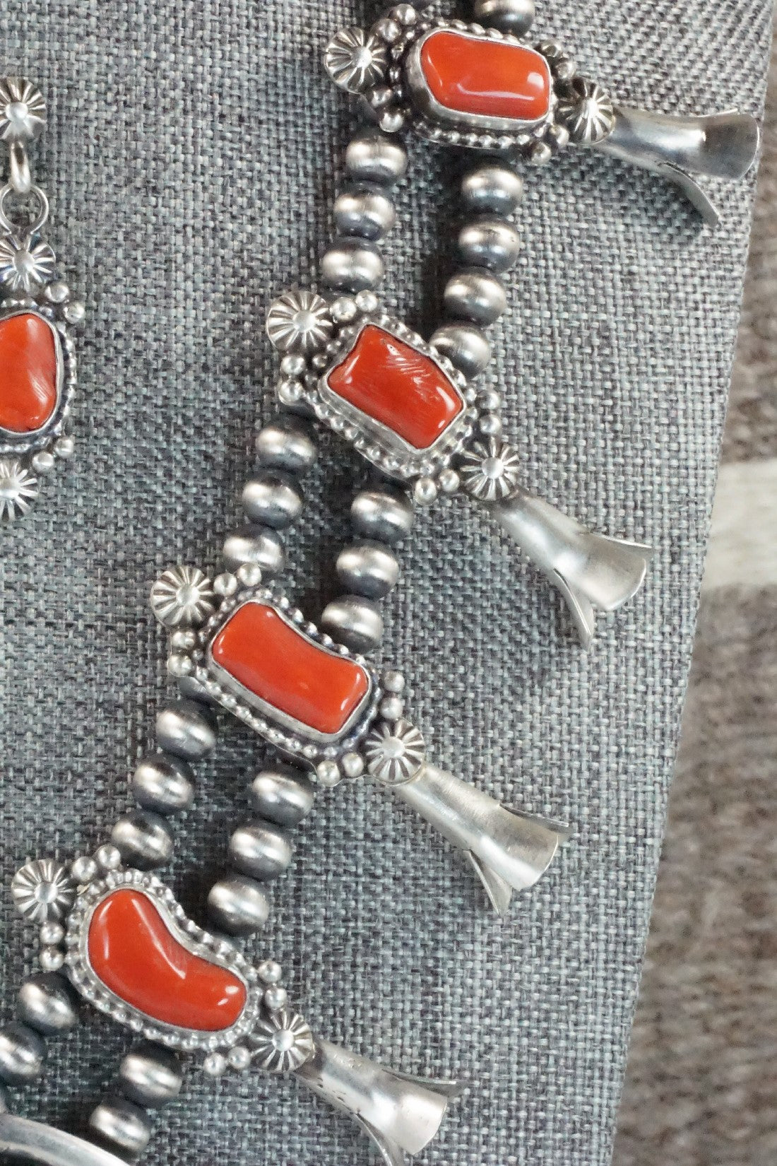 Turquoise, Coral & Sterling Silver Squash Blossom Necklace and Earrings - Tom Lewis