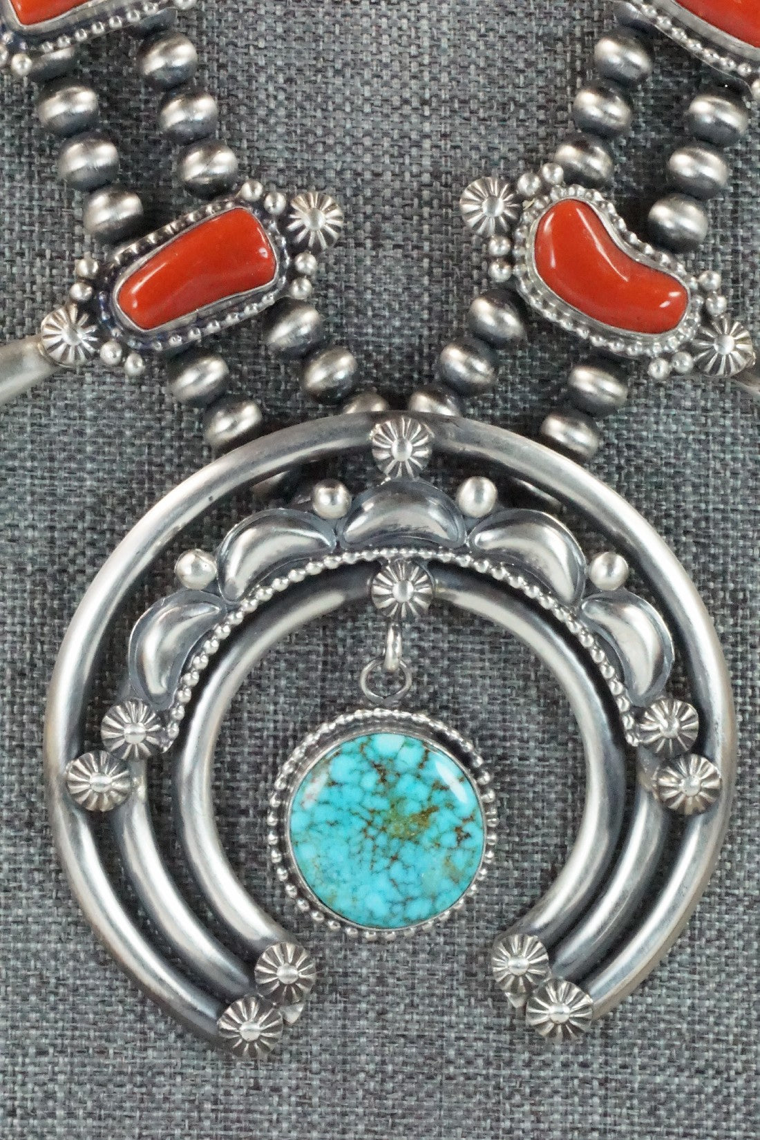 Turquoise, Coral & Sterling Silver Squash Blossom Necklace and Earrings - Tom Lewis