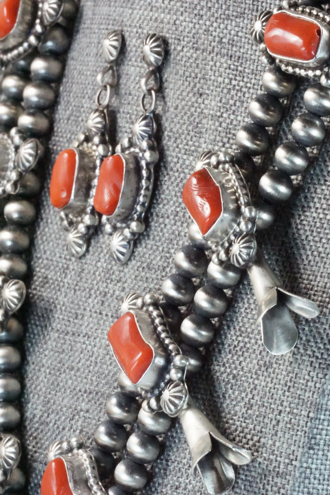 Turquoise, Coral & Sterling Silver Squash Blossom Necklace and Earrings - Tom Lewis
