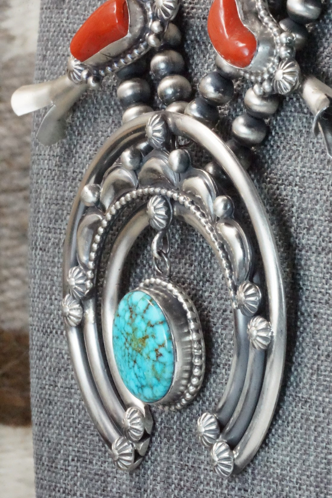 Turquoise, Coral & Sterling Silver Squash Blossom Necklace and Earrings - Tom Lewis