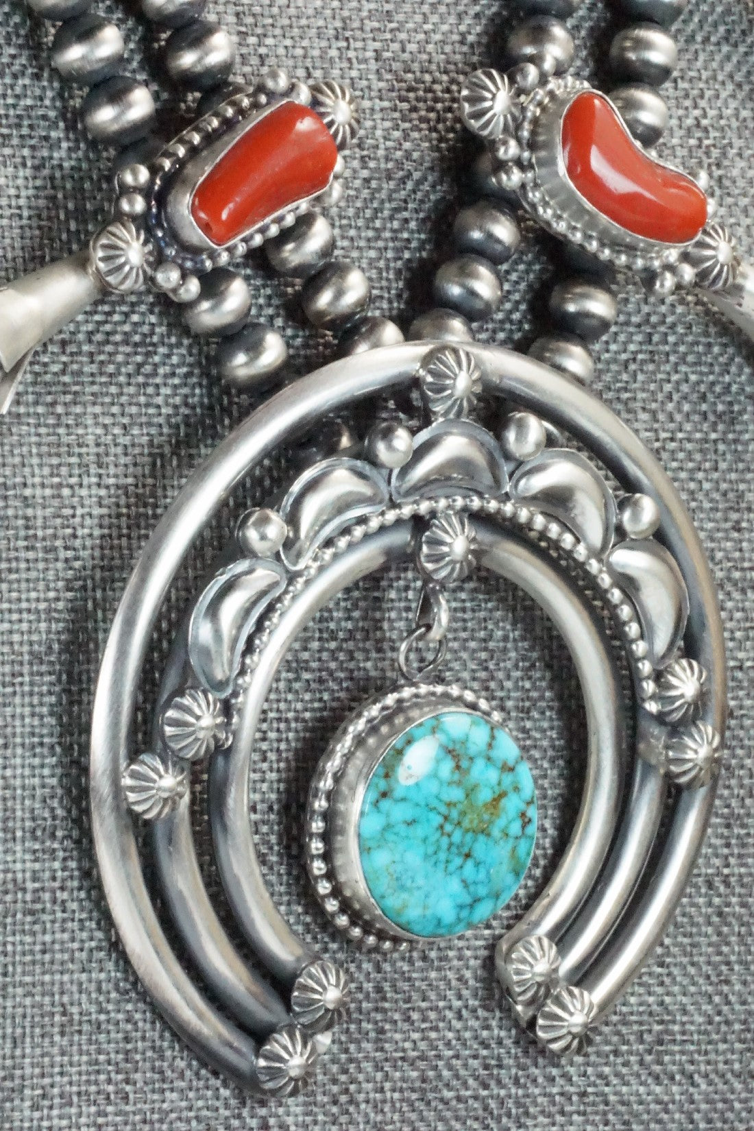 Turquoise, Coral & Sterling Silver Squash Blossom Necklace and Earrings - Tom Lewis