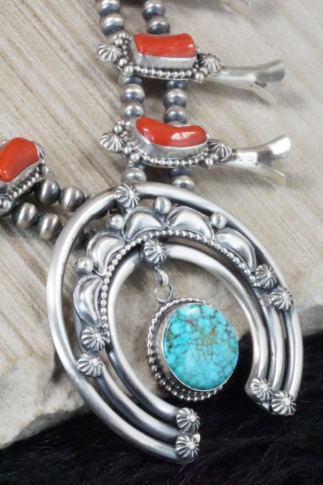 Turquoise, Coral & Sterling Silver Squash Blossom Necklace and Earrings - Tom Lewis