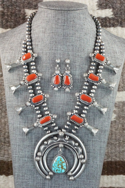 Turquoise, Coral & Sterling Silver Squash Blossom Necklace and Earrings - Tom Lewis