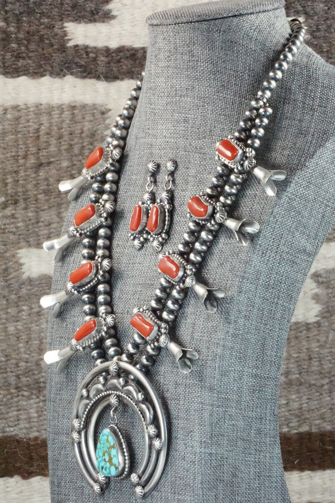 Turquoise, Coral & Sterling Silver Squash Blossom Necklace and Earrings - Tom Lewis