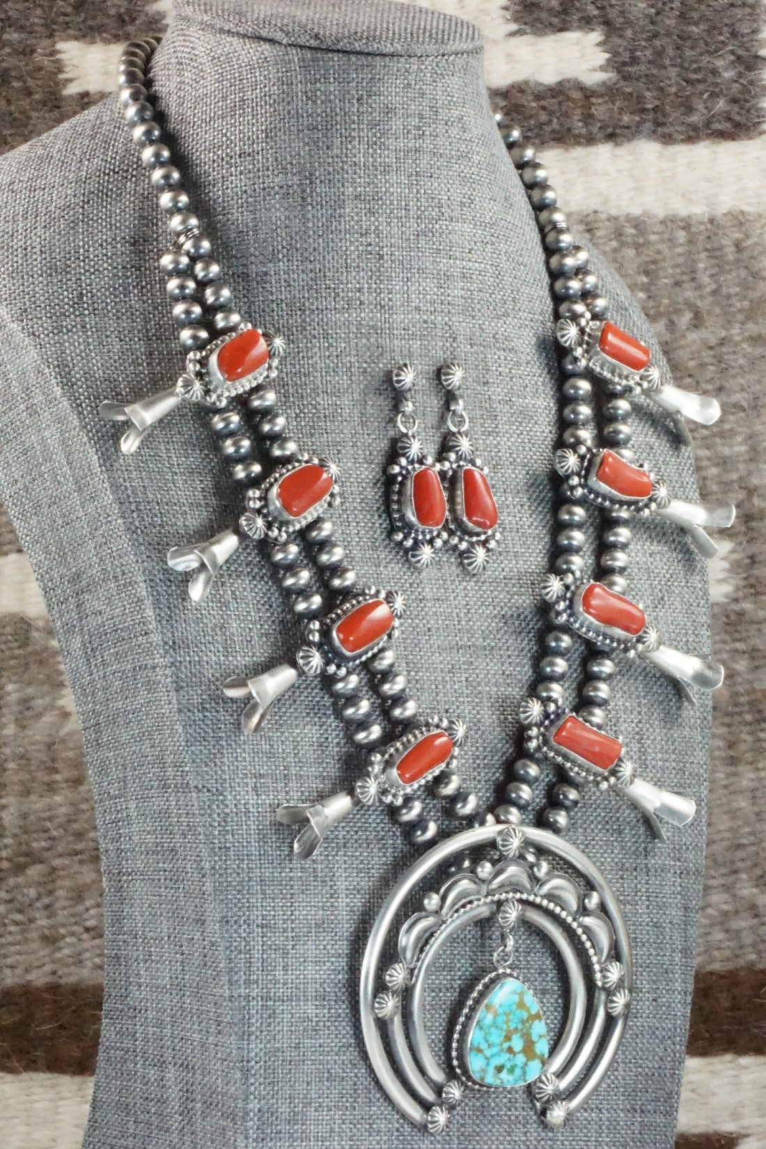 Turquoise, Coral & Sterling Silver Squash Blossom Necklace and Earrings - Tom Lewis