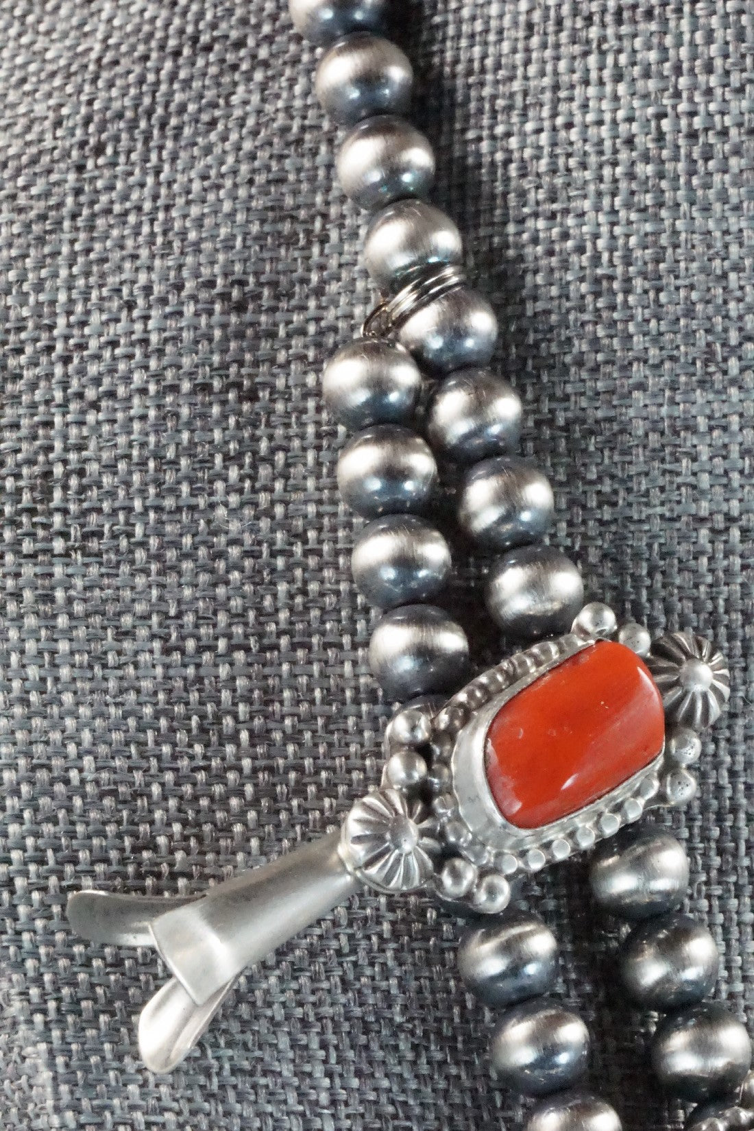 Turquoise, Coral & Sterling Silver Squash Blossom Necklace and Earrings - Tom Lewis