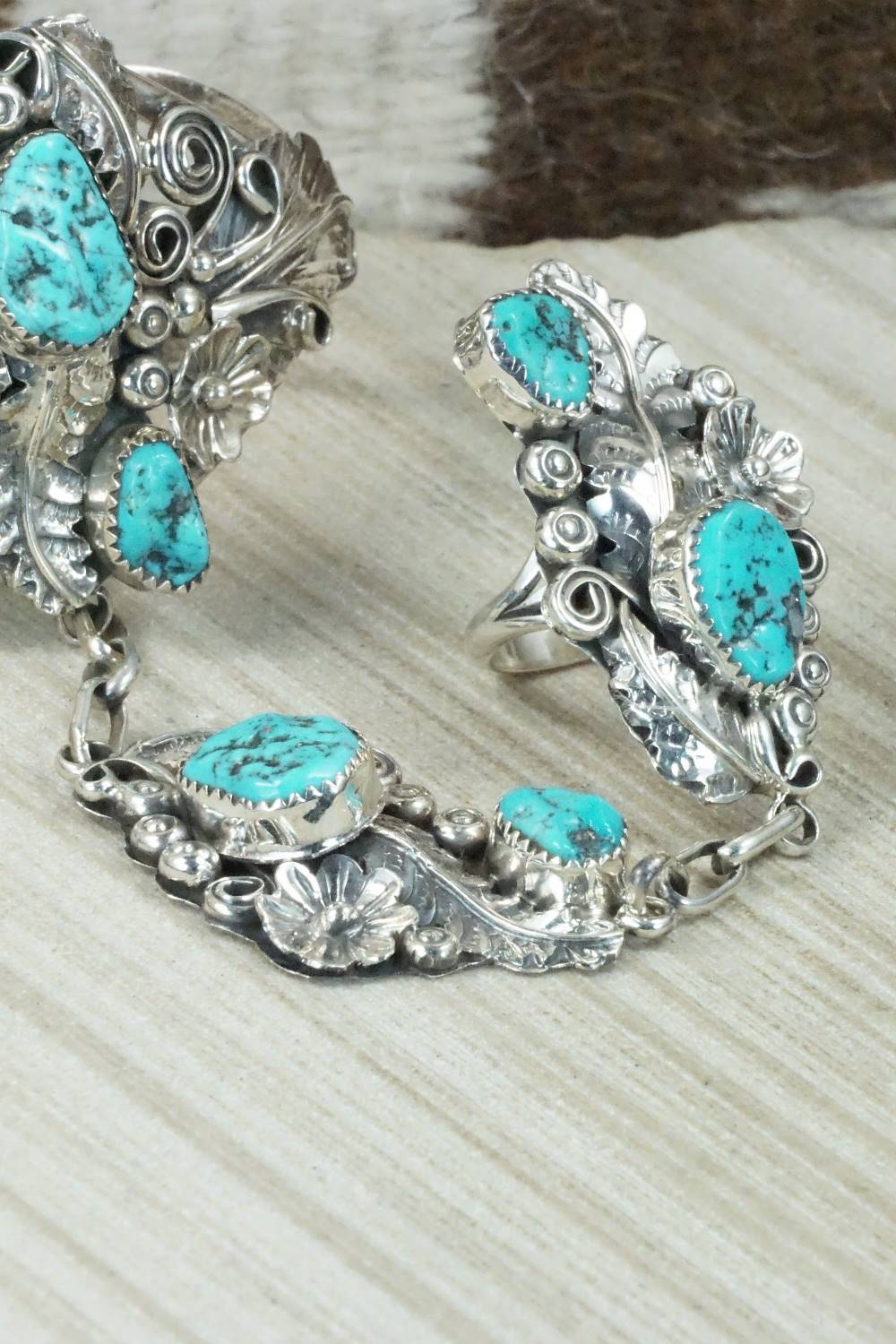 Turquoise & Sterling Silver Princess Bracelet & Ring - Harry B Yazzie