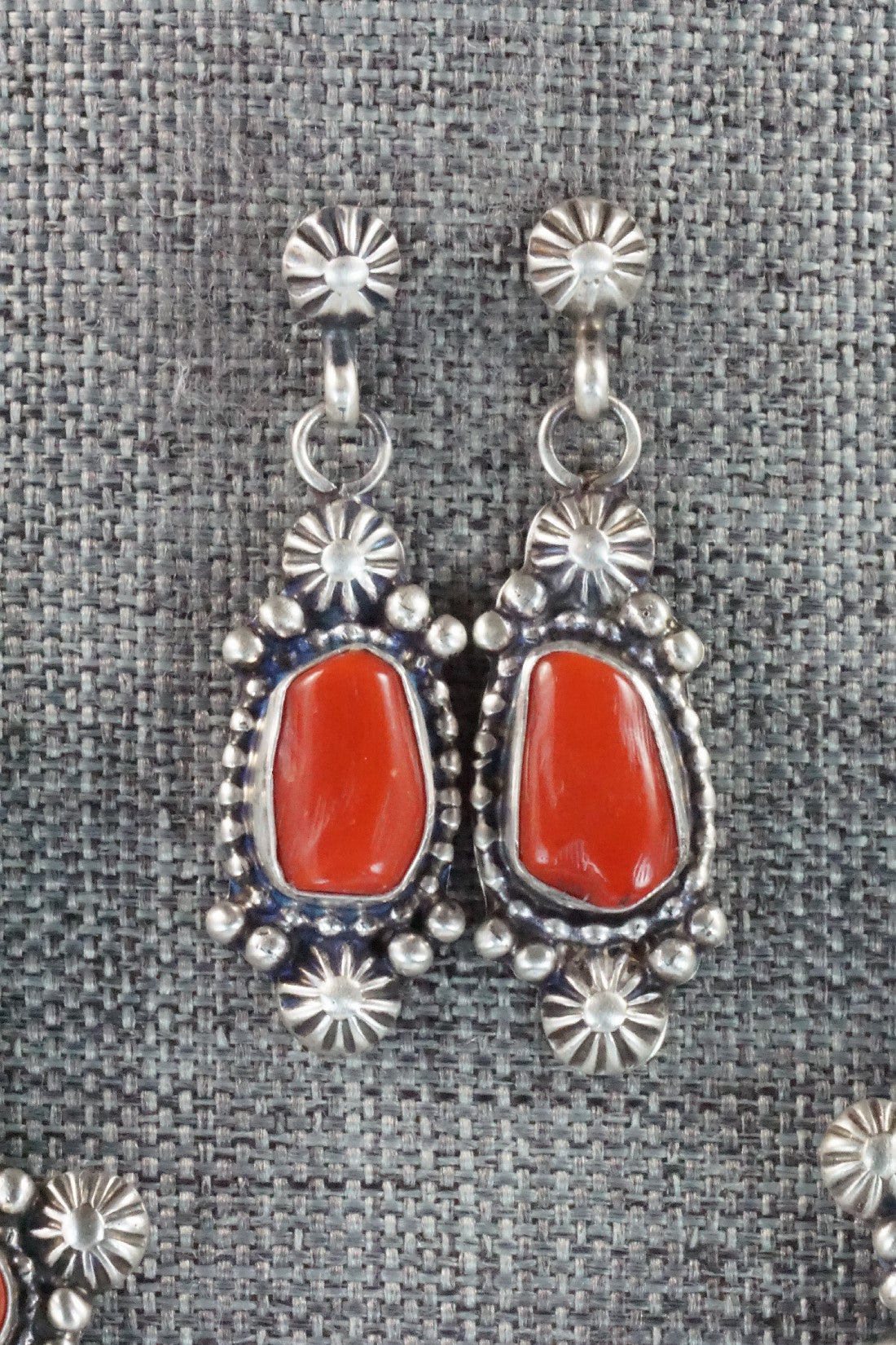 Turquoise, Coral & Sterling Silver Squash Blossom Necklace and Earrings - Tom Lewis