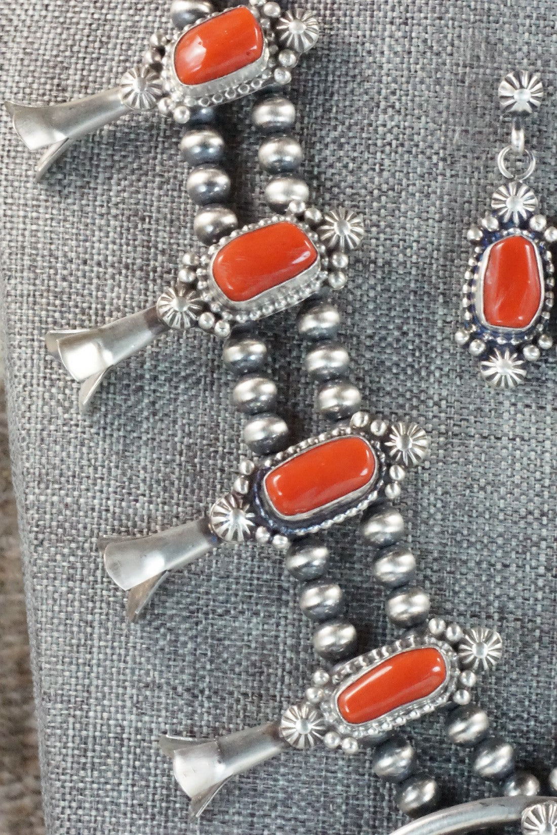 Turquoise, Coral & Sterling Silver Squash Blossom Necklace and Earrings - Tom Lewis