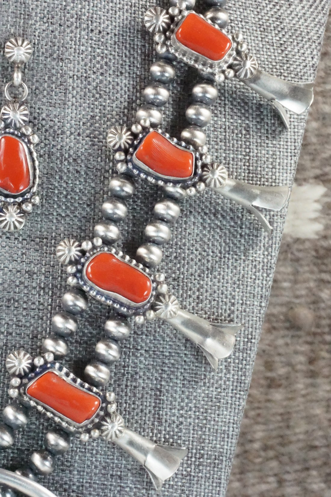 Turquoise, Coral & Sterling Silver Squash Blossom Necklace and Earrings - Tom Lewis