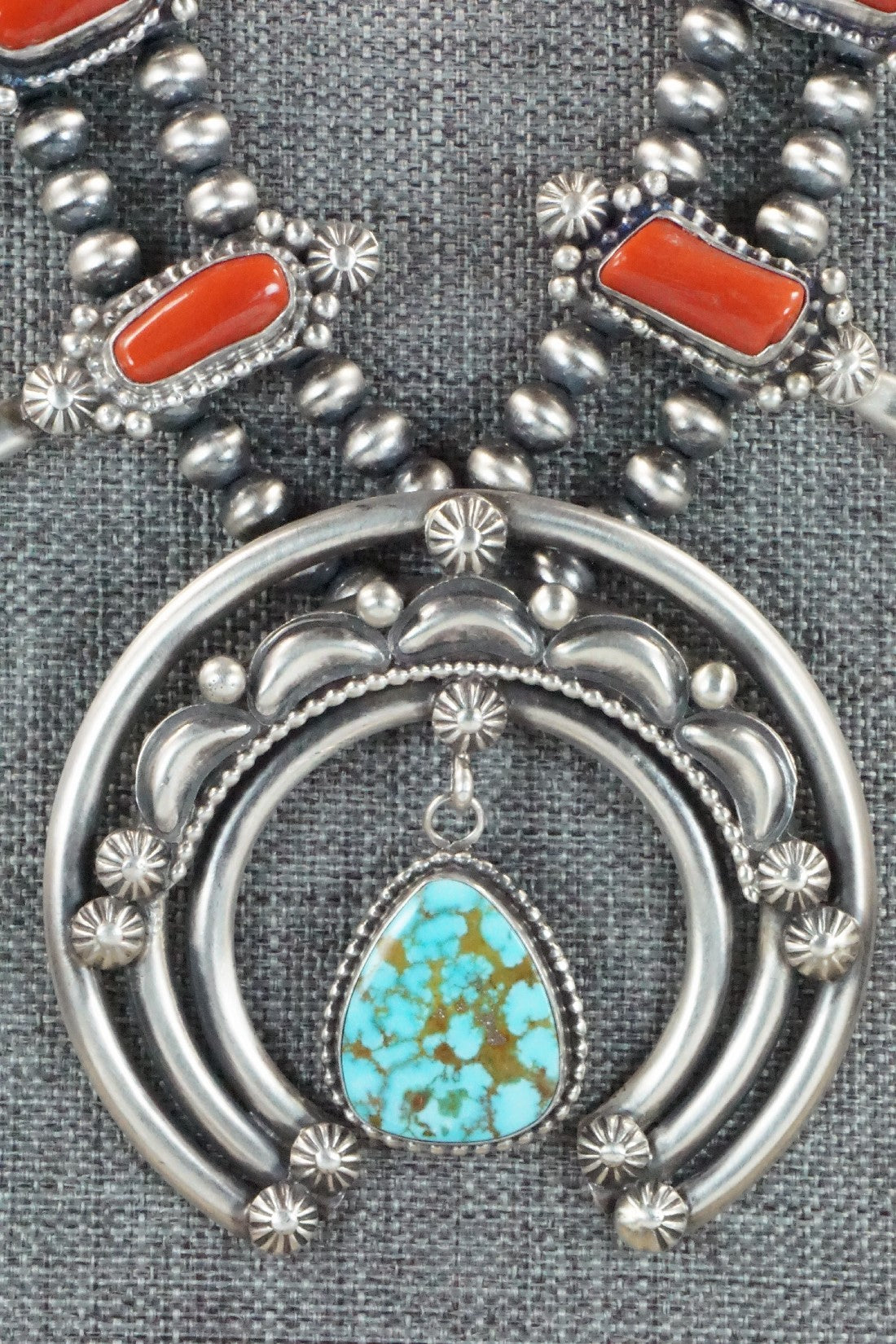 Turquoise, Coral & Sterling Silver Squash Blossom Necklace and Earrings - Tom Lewis