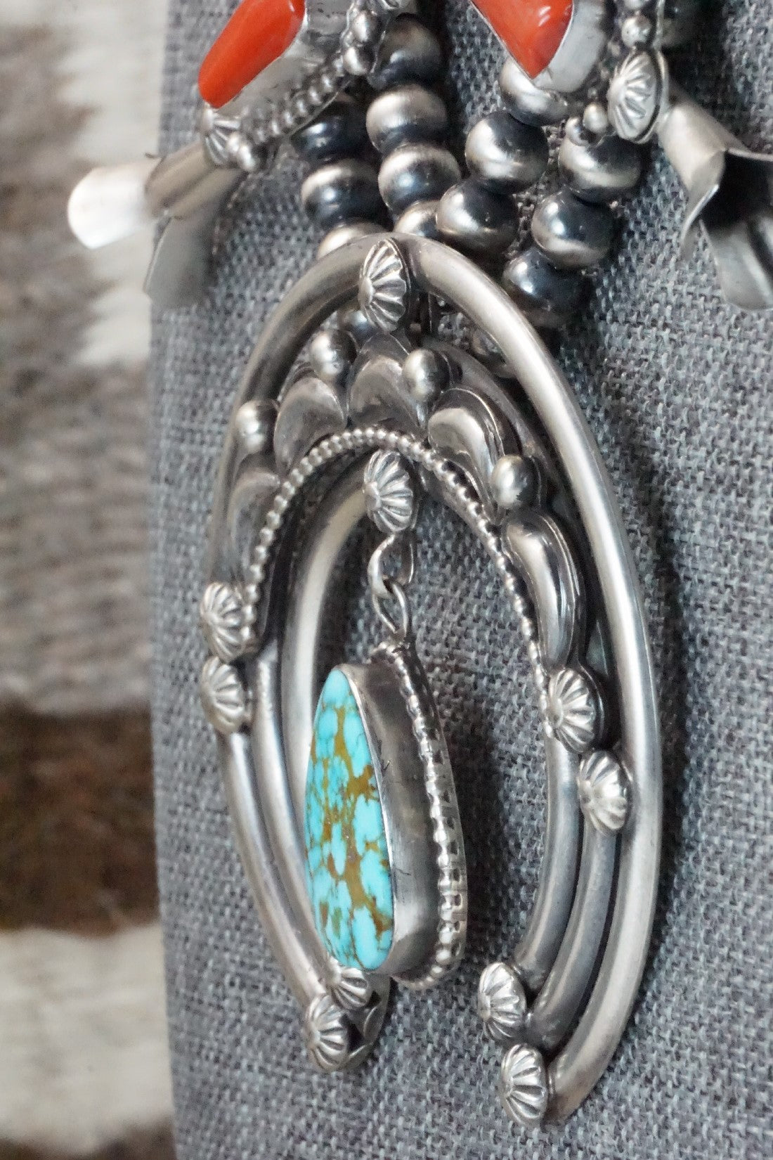 Turquoise, Coral & Sterling Silver Squash Blossom Necklace and Earrings - Tom Lewis
