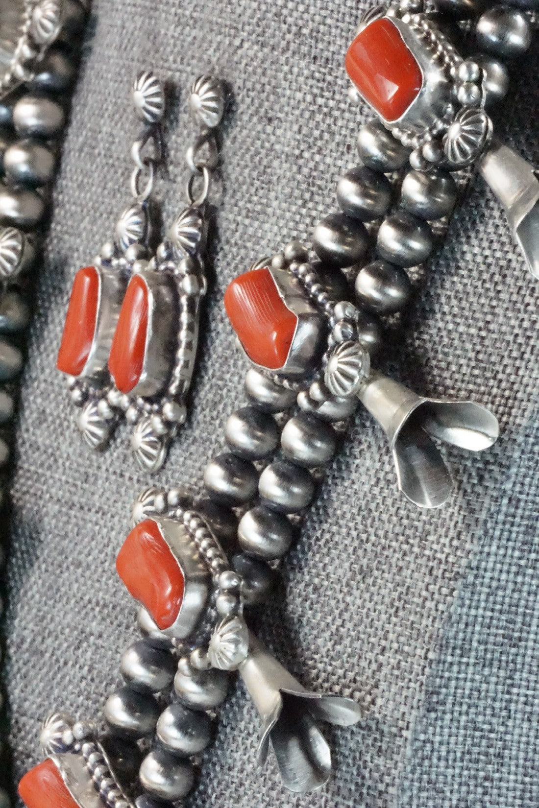 Turquoise, Coral & Sterling Silver Squash Blossom Necklace and Earrings - Tom Lewis