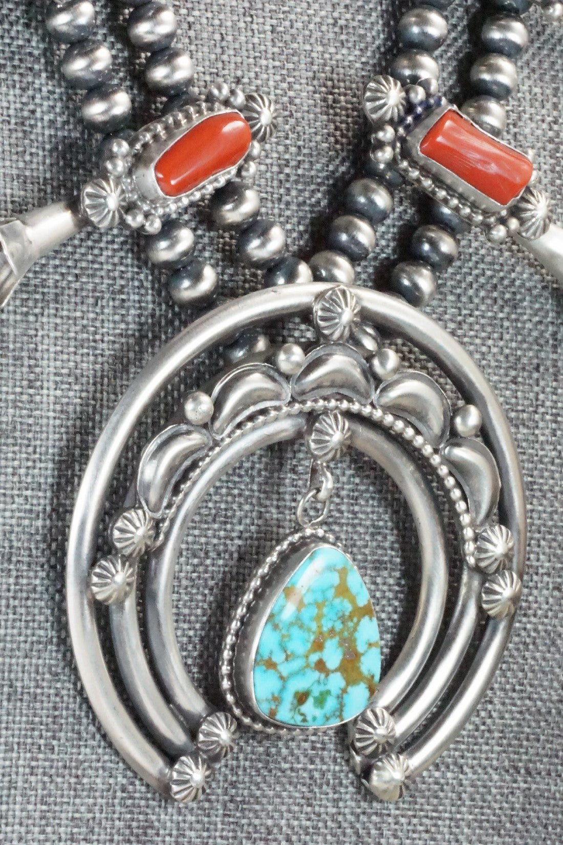Turquoise, Coral & Sterling Silver Squash Blossom Necklace and Earrings - Tom Lewis