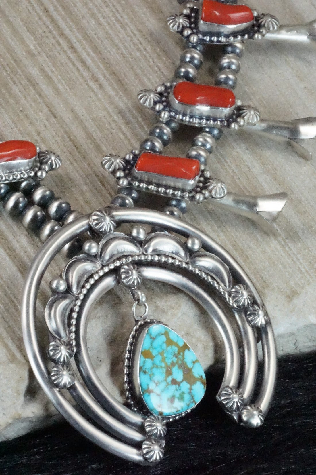 Turquoise, Coral & Sterling Silver Squash Blossom Necklace and Earrings - Tom Lewis