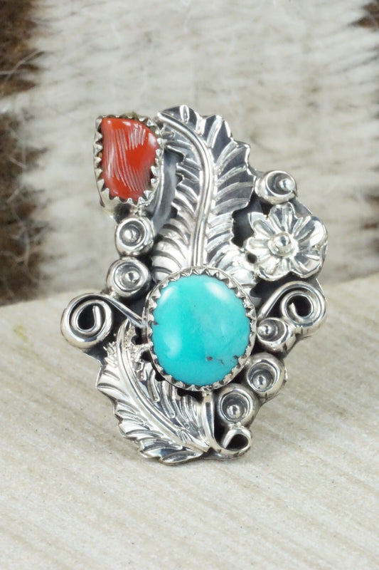 Turquoise, Coral & Sterling Silver Ring - Harry Yazzie - Size 6.75