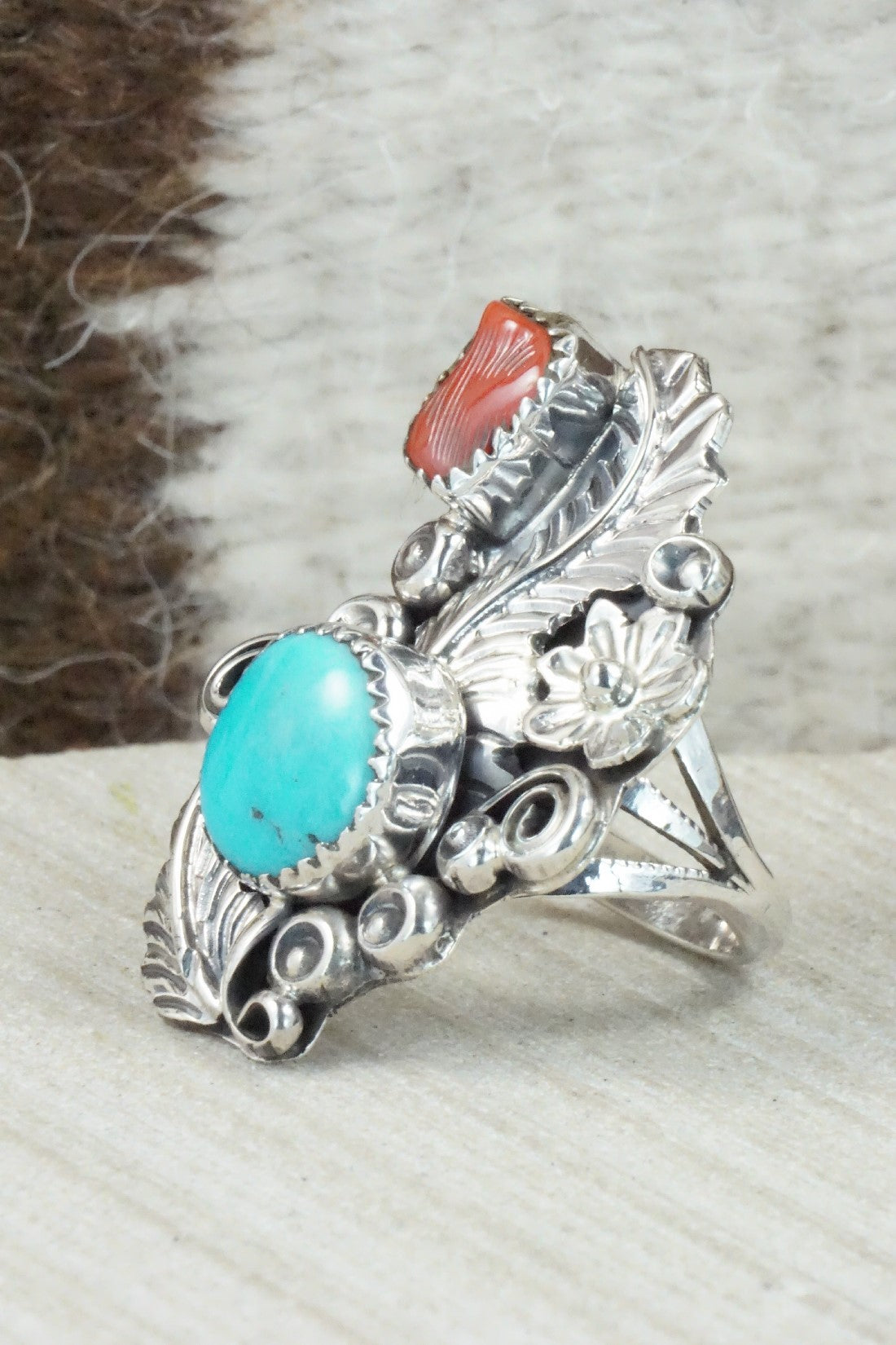 Turquoise, Coral & Sterling Silver Ring - Harry Yazzie - Size 6.75