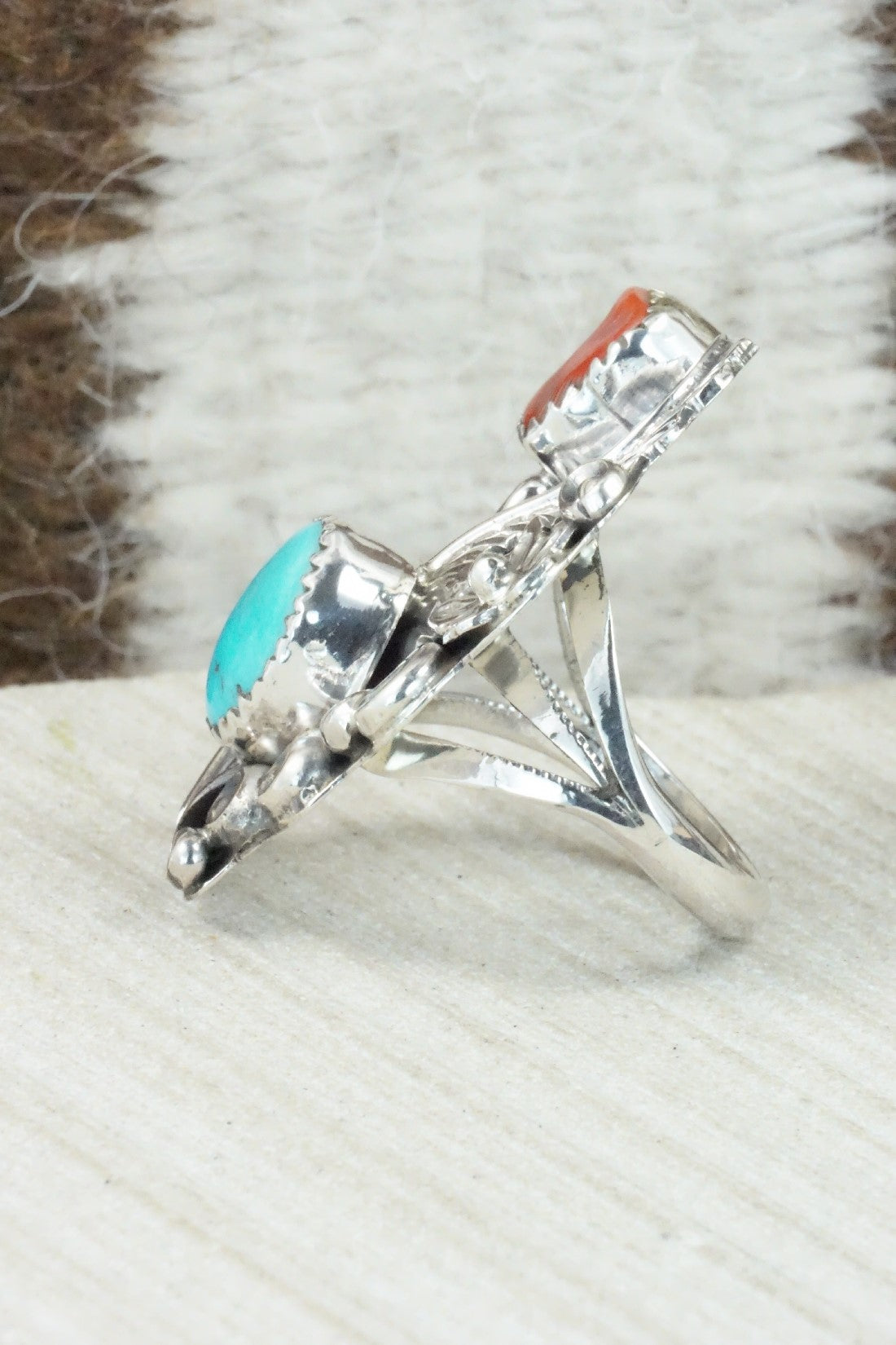 Turquoise, Coral & Sterling Silver Ring - Harry Yazzie - Size 6.75
