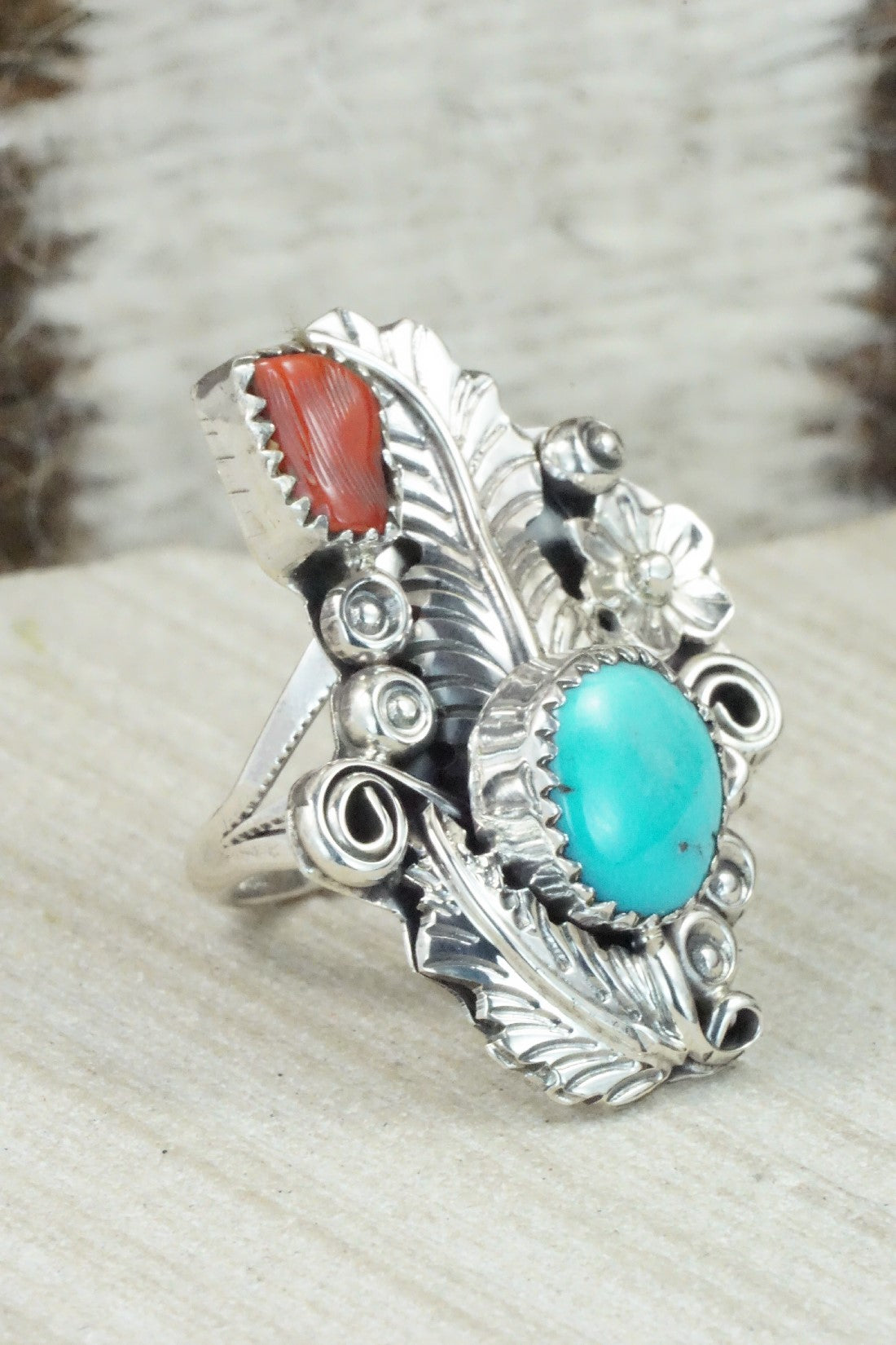Turquoise, Coral & Sterling Silver Ring - Harry Yazzie - Size 6.75