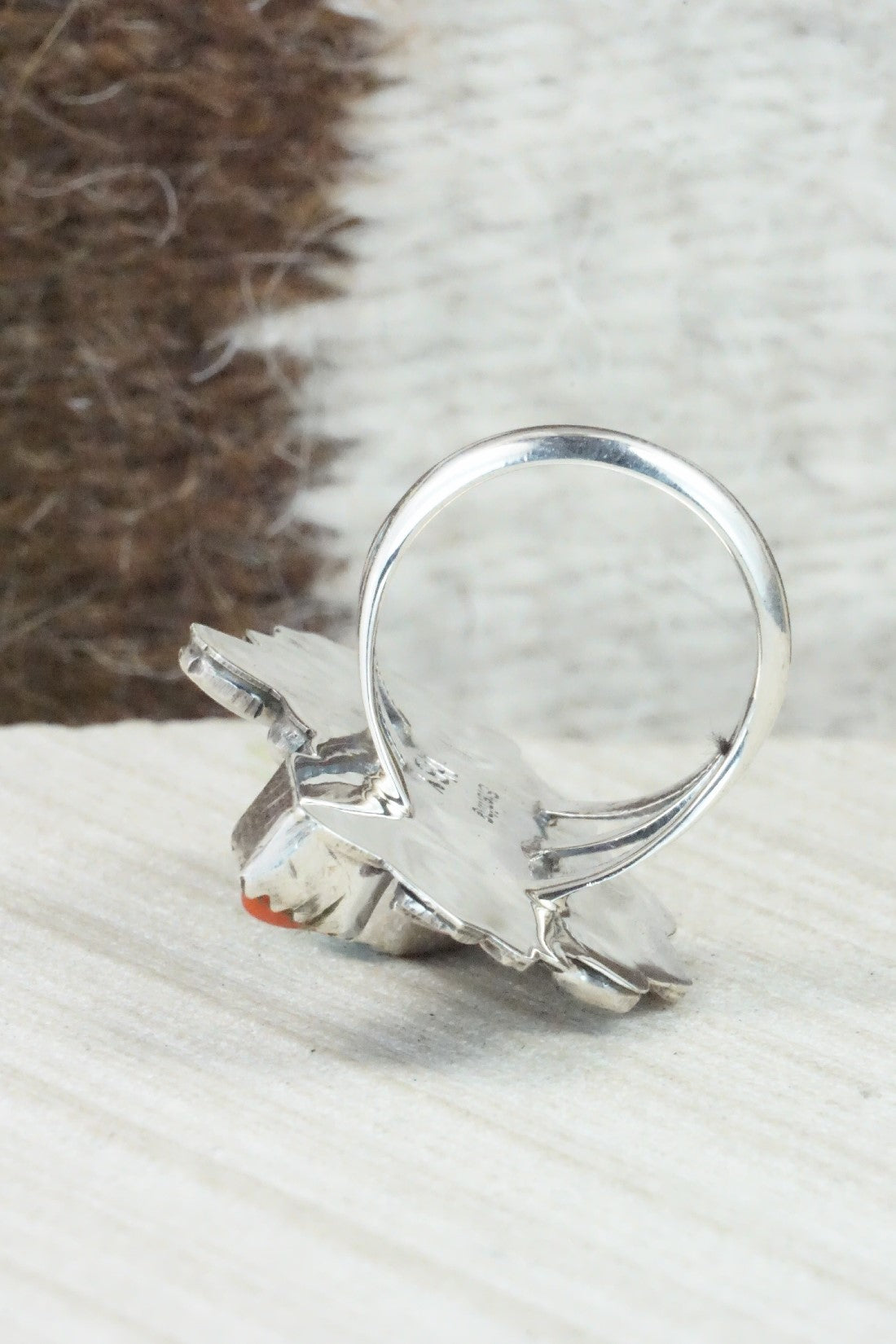 Turquoise, Coral & Sterling Silver Ring - Harry Yazzie - Size 6.75