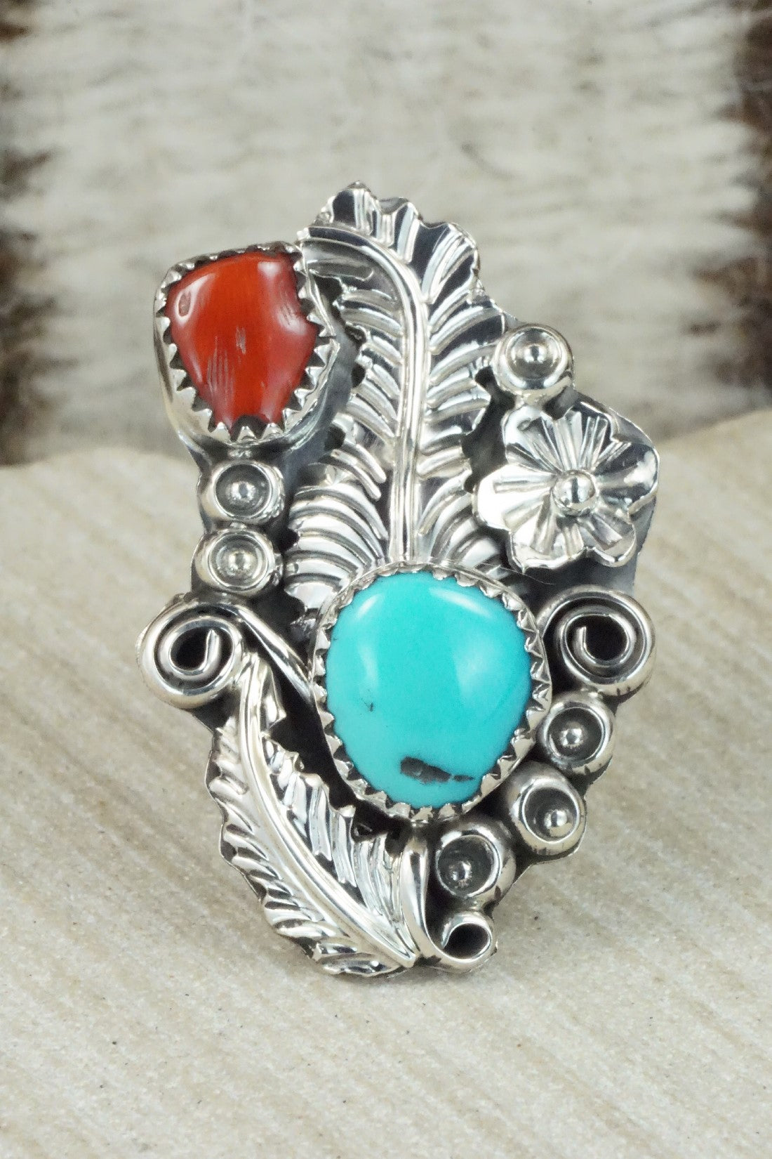 Turquoise, Coral & Sterling Silver Ring - Harry Yazzie - Size 8.75