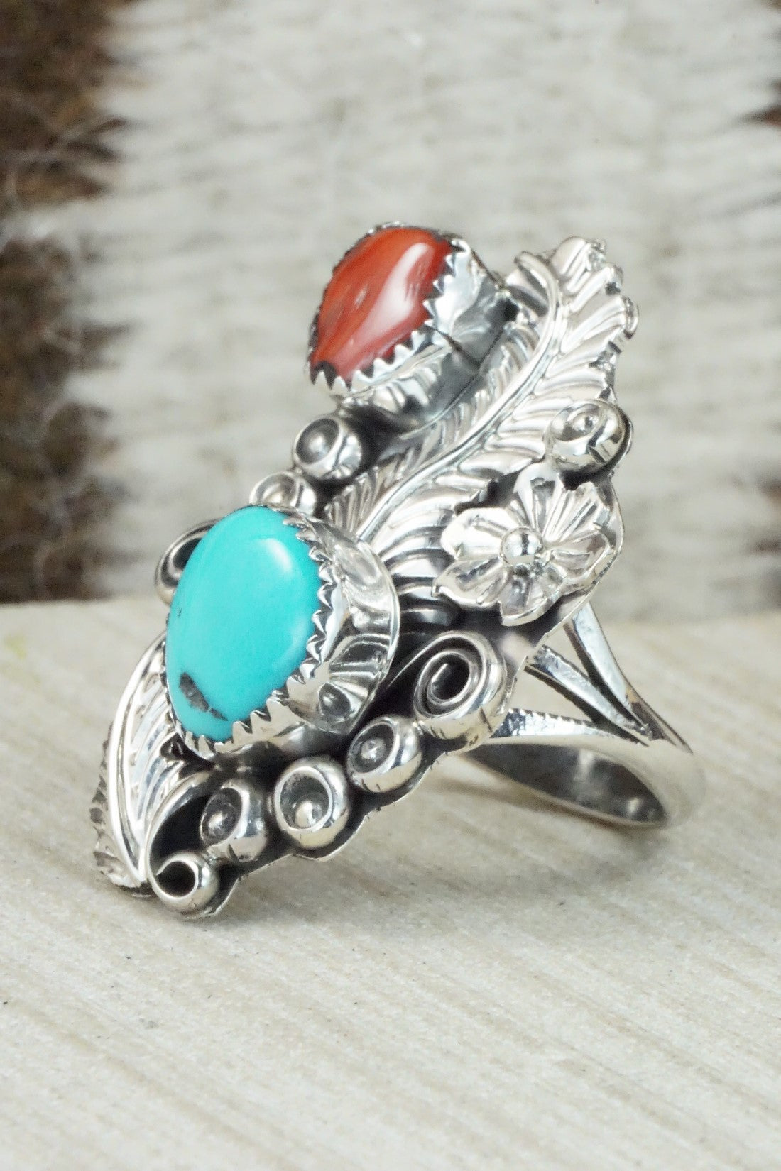 Turquoise, Coral & Sterling Silver Ring - Harry Yazzie - Size 8.75
