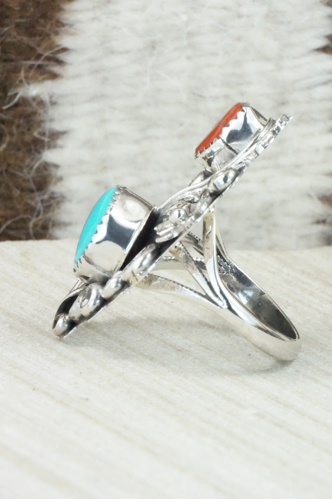 Turquoise, Coral & Sterling Silver Ring - Harry Yazzie - Size 8.75