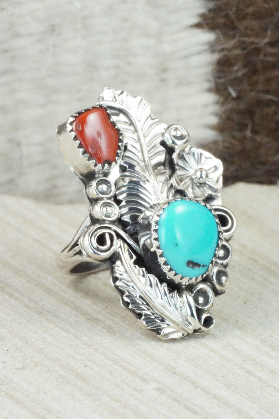 Turquoise, Coral & Sterling Silver Ring - Harry Yazzie - Size 8.75
