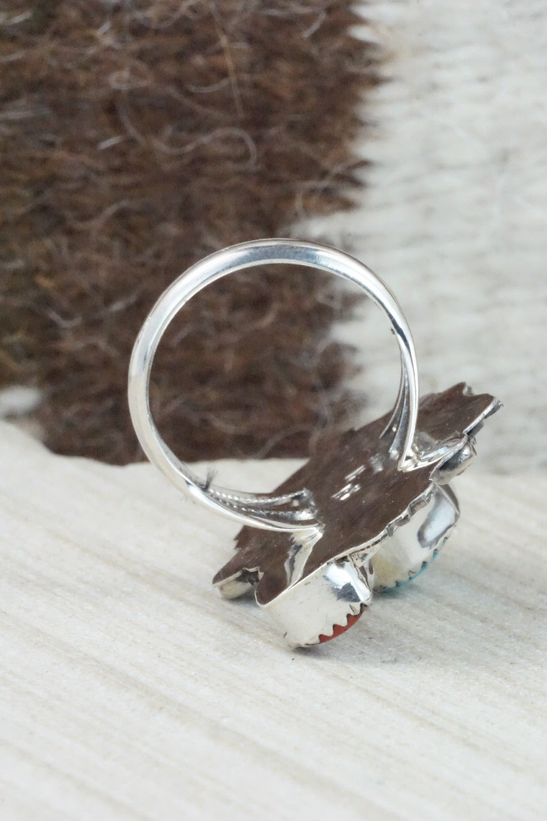 Turquoise, Coral & Sterling Silver Ring - Harry Yazzie - Size 8.75