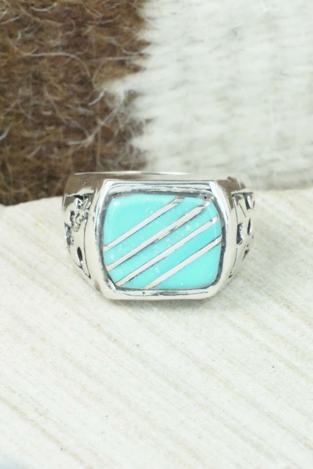 Turquoise & Sterling Silver Inlay Ring - Leslie & Gladys Lamy - Size 9.5