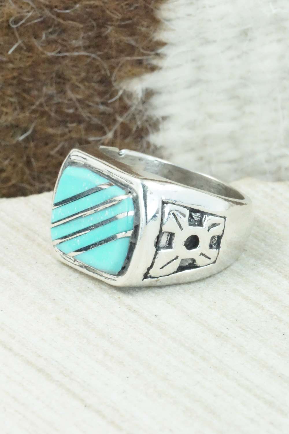 Turquoise & Sterling Silver Inlay Ring - Leslie & Gladys Lamy - Size 9.5