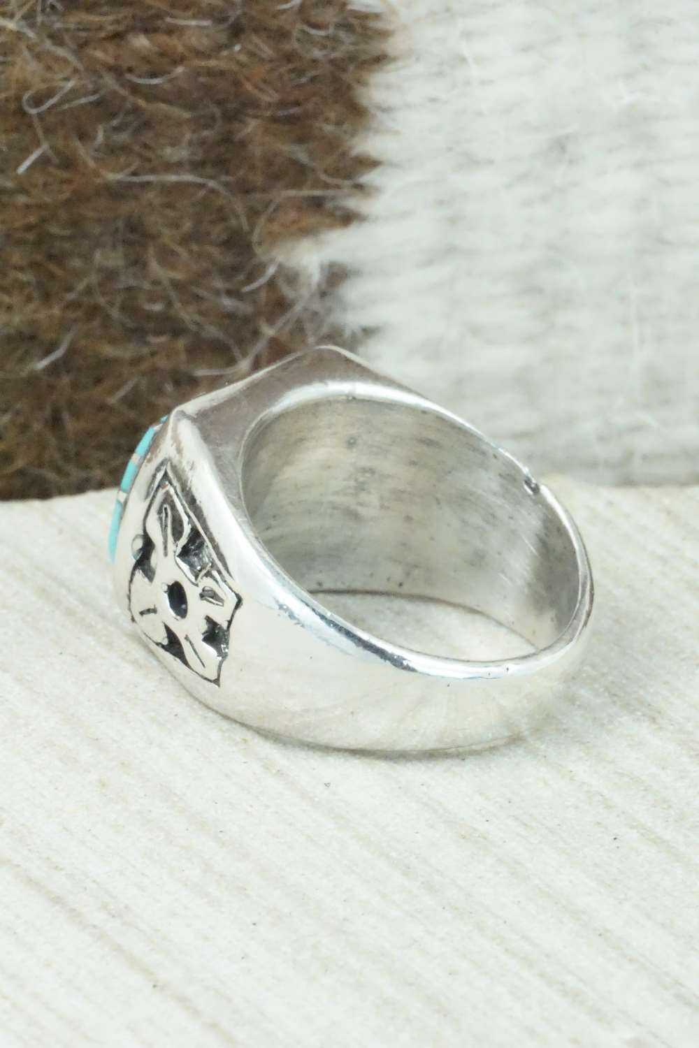 Turquoise & Sterling Silver Inlay Ring - Leslie & Gladys Lamy - Size 9.5