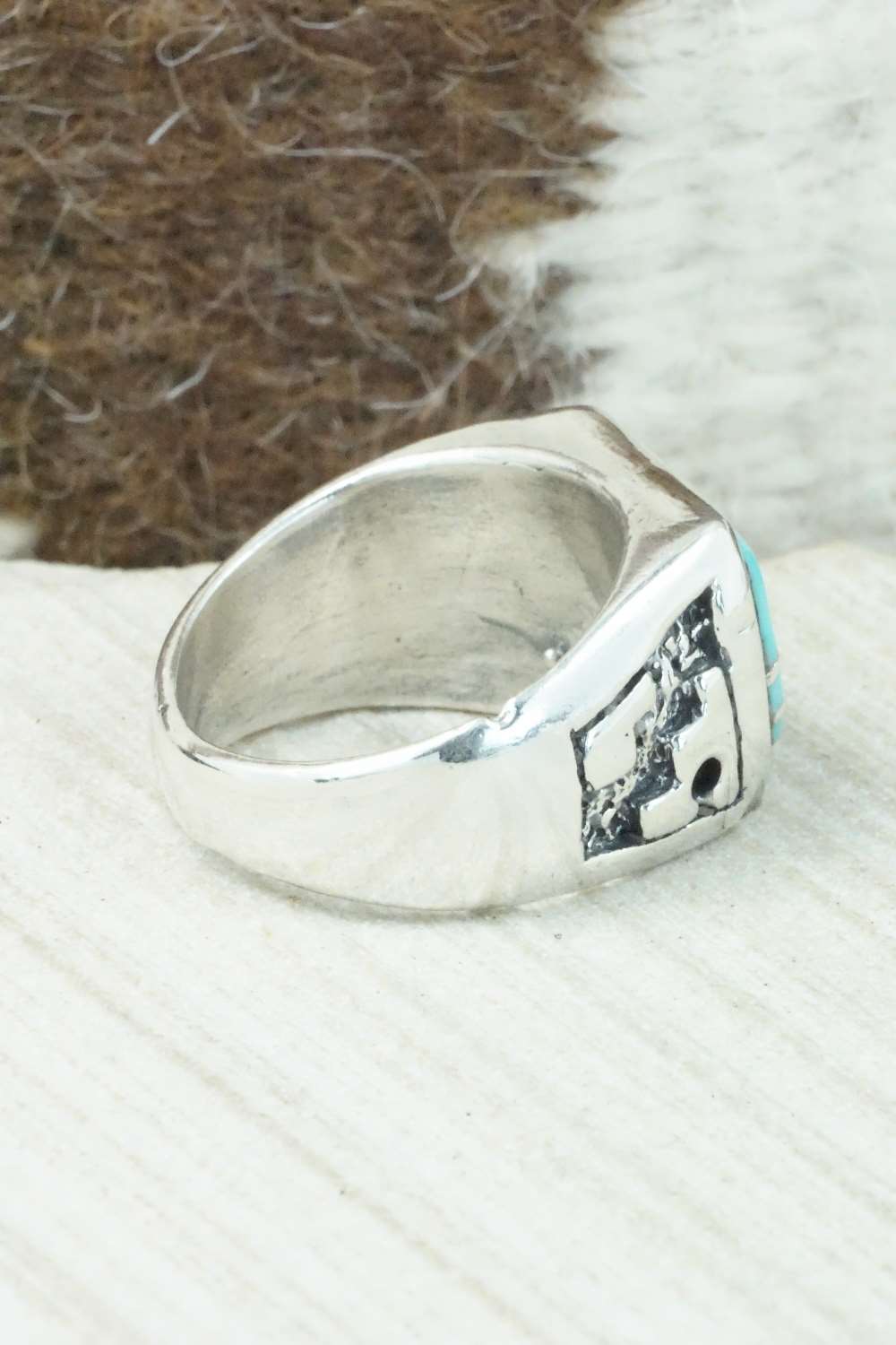 Turquoise & Sterling Silver Inlay Ring - Leslie & Gladys Lamy - Size 9.5
